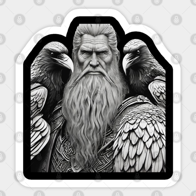 King of the Vikings Odin in Battle Armor with his ravens Huginn and Muninn done in a realistic black and gray. Sticker by DesignsbyZazz